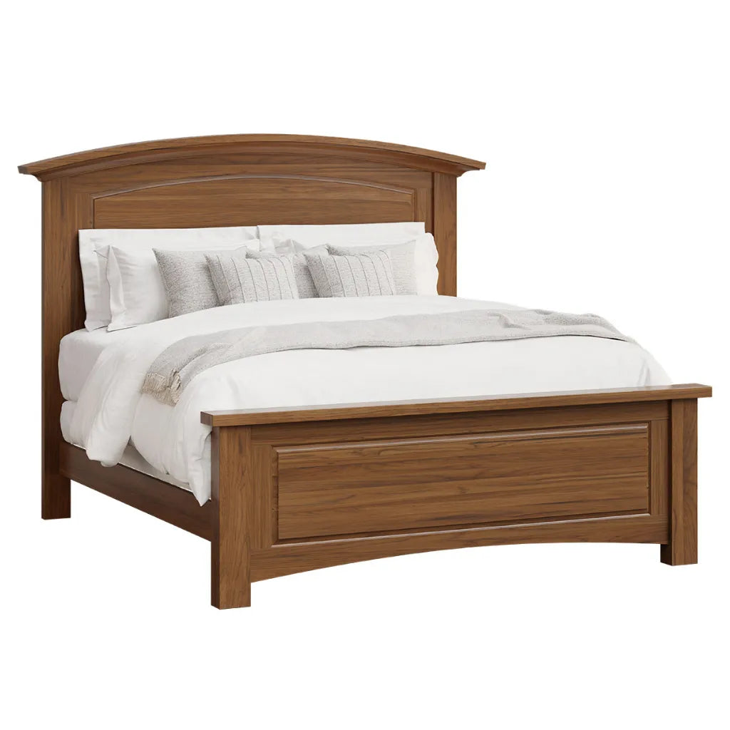 A wooden bed frame with a curved headboard and footboard, shown with white bedding and light gray pillows on a plain white background.