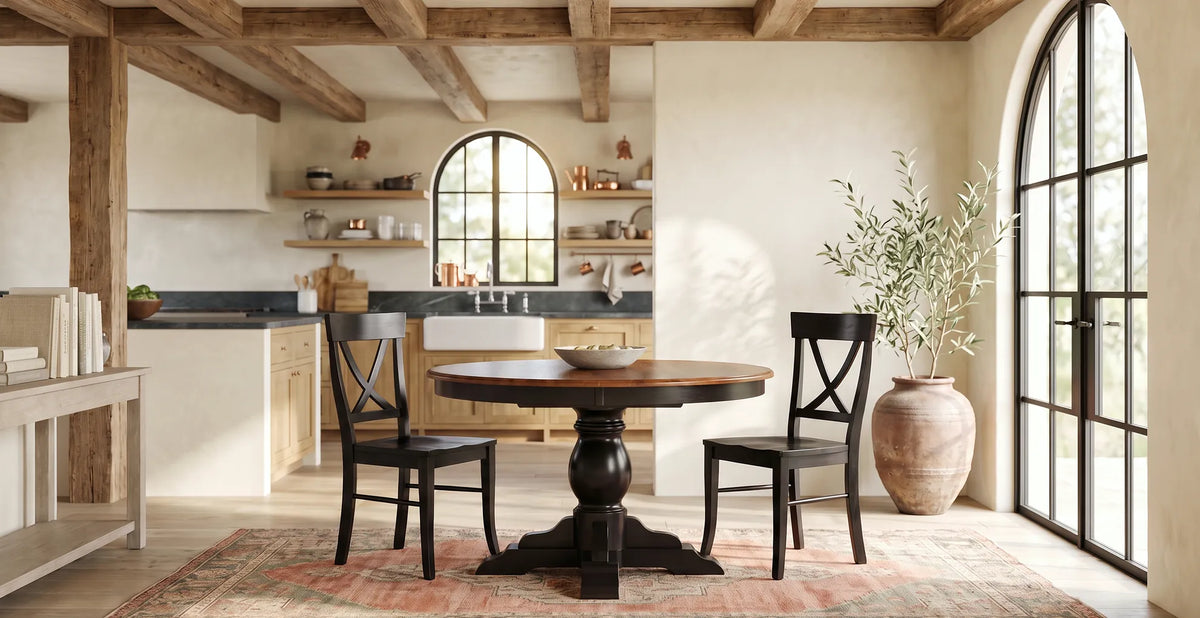 Albany Round Pedestal Dining Table with a two-tone wood finish, paired with black Carmen X-back dining chairs in a bright farmhouse dining room featuring exposed wood beams and arched windows.