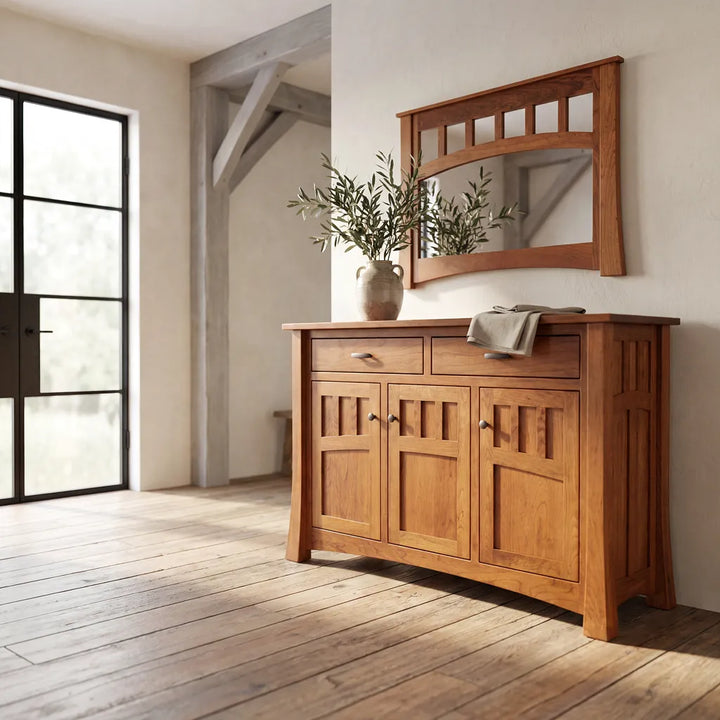A warm medium-brown wooden sideboard cabinet with a matching wall mirror, styled in a rustic room with light wood floors, a large window, and a vase of greenery.