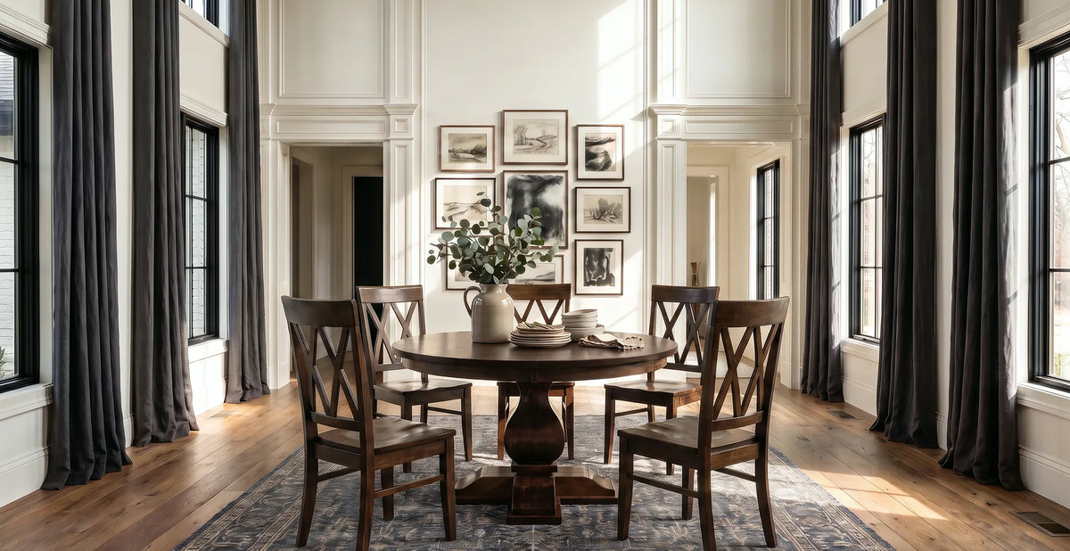 Barrington Round Pedestal Dining Table paired with Herrington X-back wooden dining chairs in an elegant, sunlit dining room featuring tall windows, dark curtains, and classic decor.
