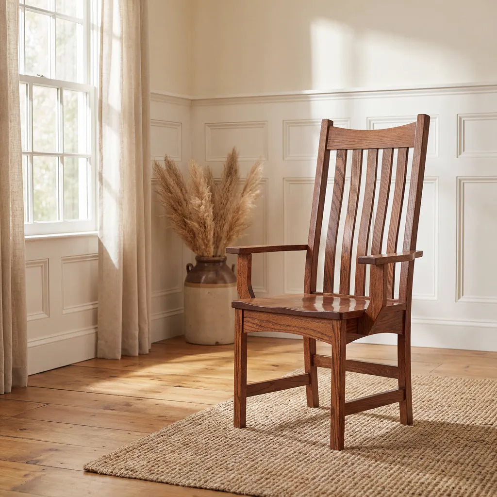 A wooden armchair with a tall slatted back and armrests, placed on a woven rug in a bright room with white paneled walls, a window, and a vase of dried grass.