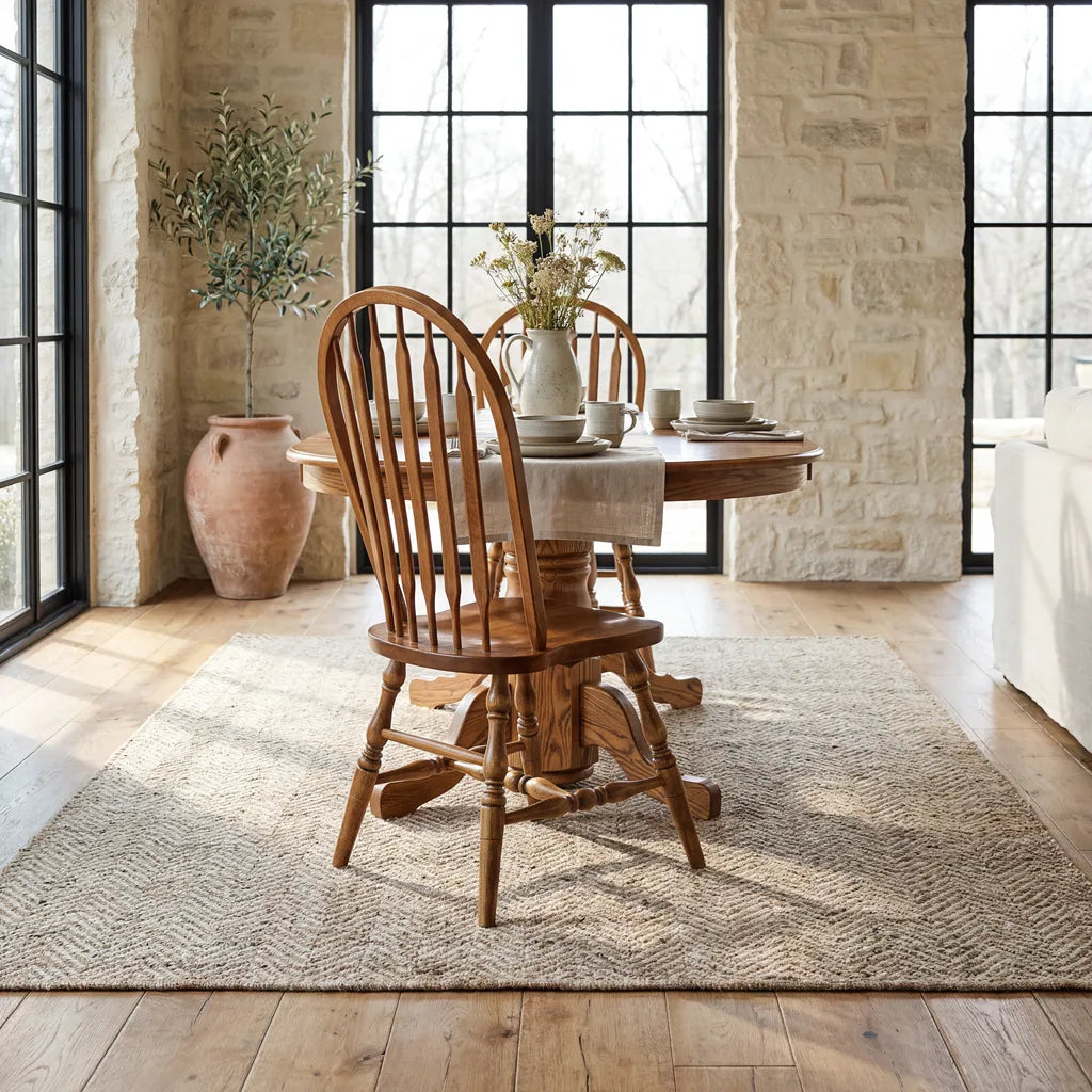 A round wooden dining table with spindle-back chairs, set on a textured beige area rug in a bright, rustic room with stone walls and large black-framed windows.