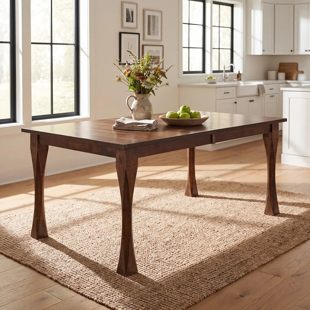A dark brown wooden dining table with four turned legs and a rectangular top, styled with a vase of flowers and a bowl of green apples on a woven jute rug in a bright kitchen setting.