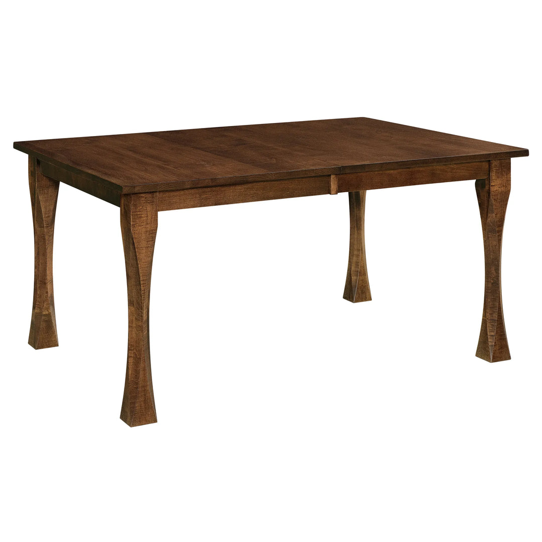 A rectangular wooden dining table with a medium-to-dark brown finish and four turned legs, shown on a plain white background.