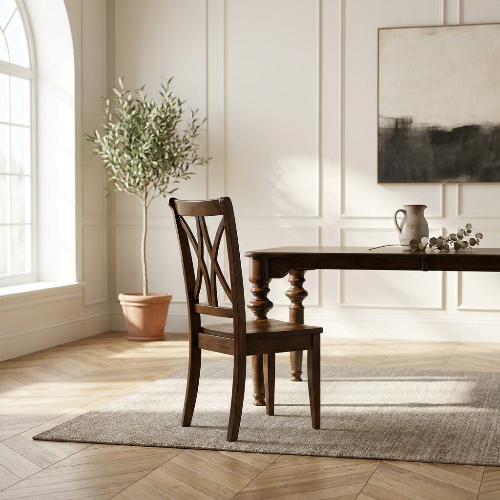 A dark brown wooden dining chair positioned next to a matching wooden table in a bright, modern dining room with a light-colored rug, a potted olive tree, and wall paneling.