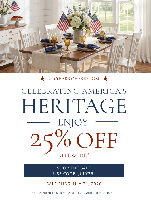 A promotional sale graphic with a dining room scene at the top showing a table set with American flags, flowers, plates, and blue napkins, and large text below reading 'Celebrating America's Heritage Enjoy 25% Off Sitewide' with a sale end date.