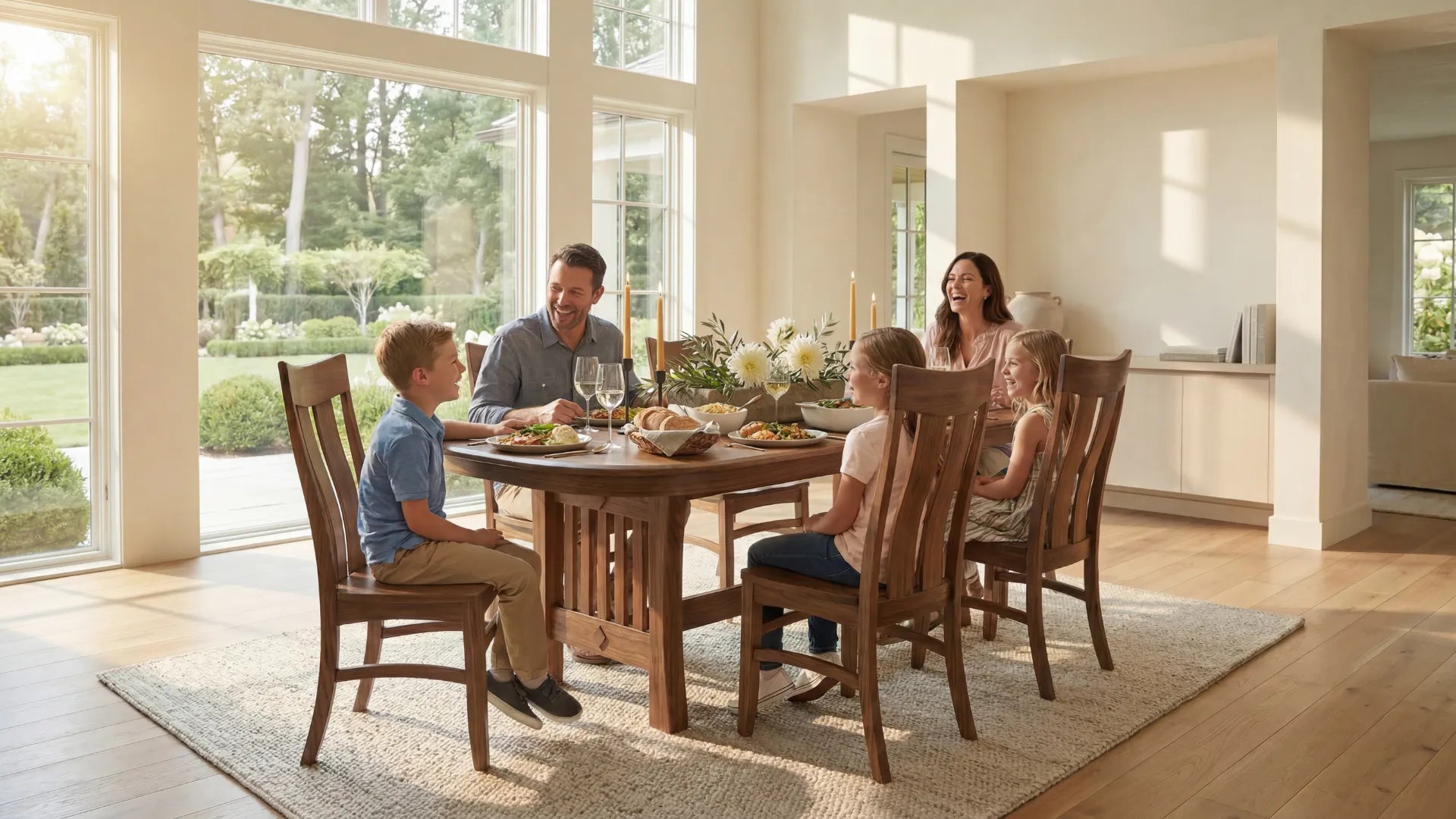 A family of five shares a meal around a dark wood dining table in a bright, modern home with large windows and natural sunlight.