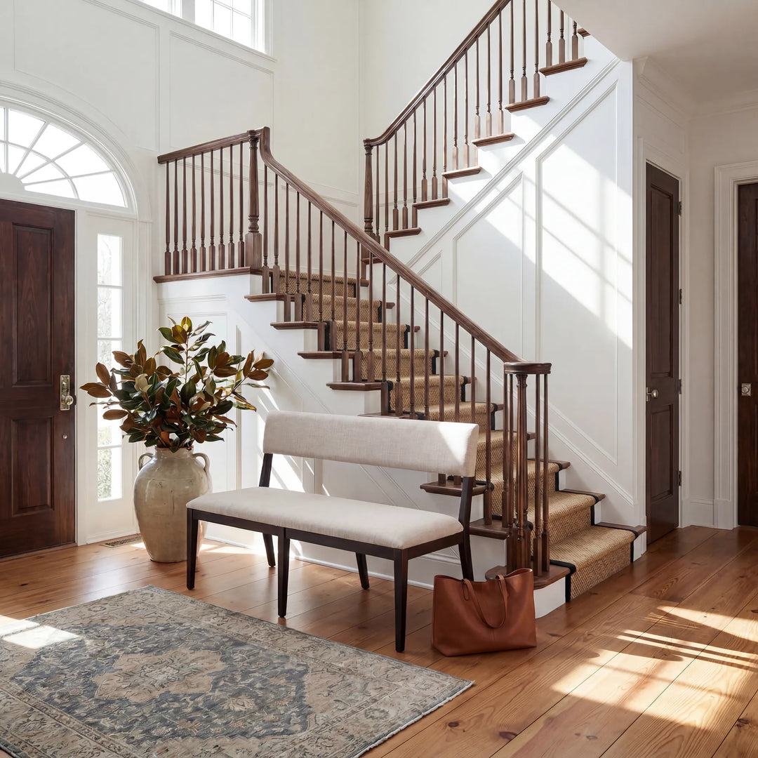 A staged interior entryway with a wooden staircase, white walls, a bench with a cream upholstered seat, a large vase of foliage, a brown leather bag on the floor, and a patterned rug.