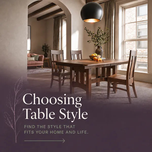 A dining room scene showing a wooden rectangular table with four wooden chairs under a black pendant light, with large windows, curtains, and a sofa in the background. Text overlay reads 'Choosing Table Style' and 'Find the style that fits your home and life.