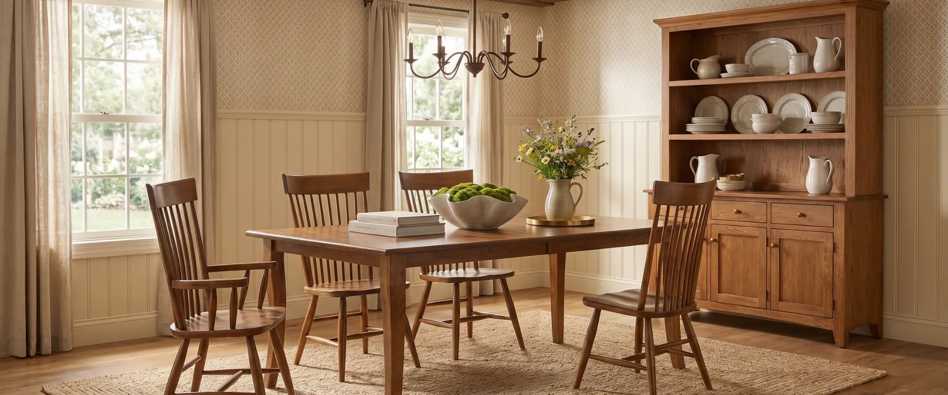A warm, rustic dining room scene featuring a warm red oak wooden dining table with four matching spindle-back chairs, a tall wooden hutch filled with white dishes, and a chandelier overhead.