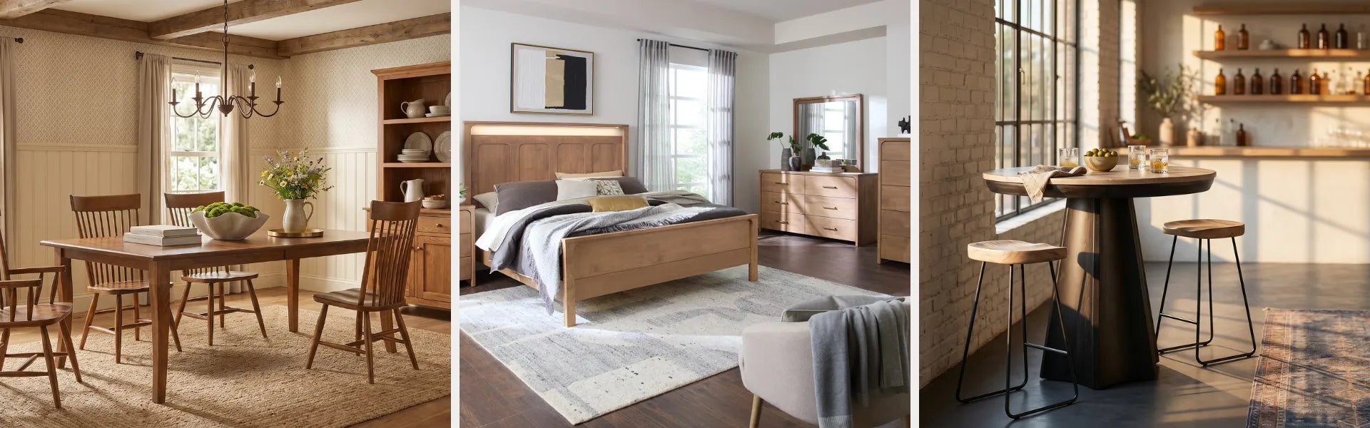 A triptych-style interior scene showing three coordinated rooms: a dining area with a wooden table and chairs, a bedroom with a light wood bed and dresser, and a kitchen with a round dark table and stools.