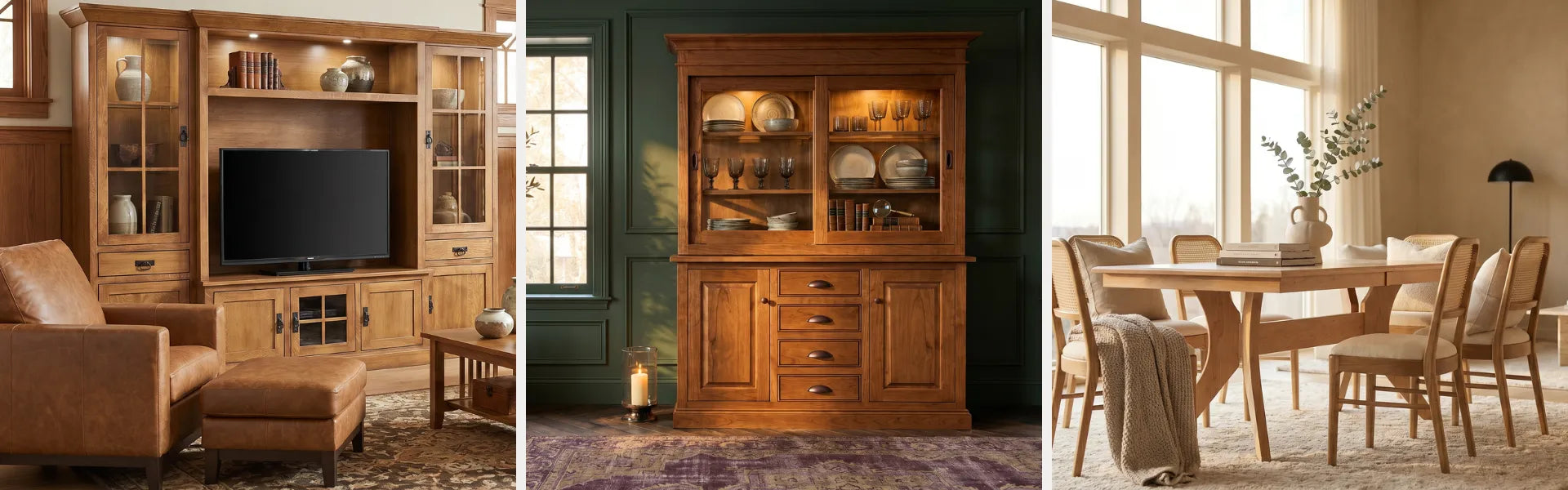 A three-panel collage showcasing warm medium-brown wooden furniture in different interior settings: a large entertainment center in a living room, a matching hutch with glass upper doors displaying dishes, and a dining room with a wooden dining table and chairs.