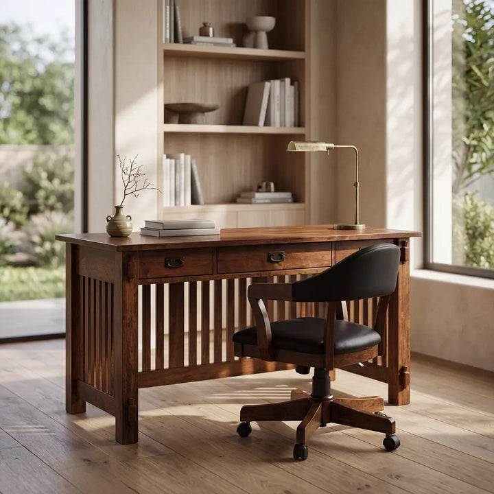 A warm brown wooden writing desk with a slatted front panel and two drawers, styled in a sunlit home office with a black swivel chair, a brass desk lamp, and a small vase on top.