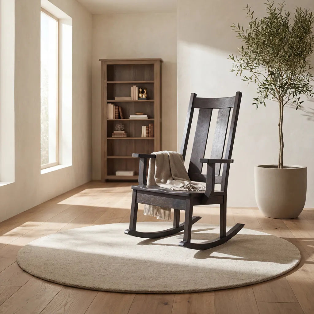 A dark wood rocking chair with a beige throw blanket sits on a round light beige rug in a sunlit room with light wood floors, a tall bookshelf, and a potted tree.