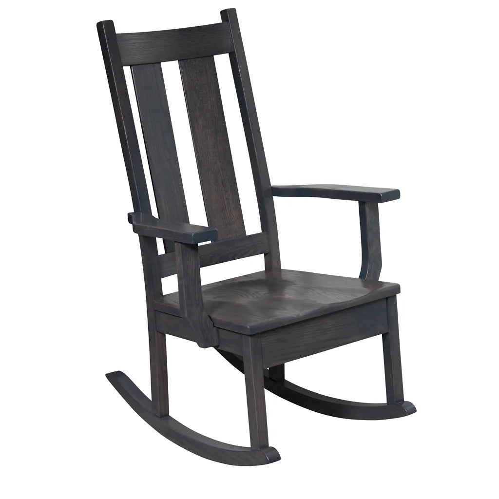 A dark brown wooden rocking chair with a high slatted backrest and wide armrests, shown on a plain white background.