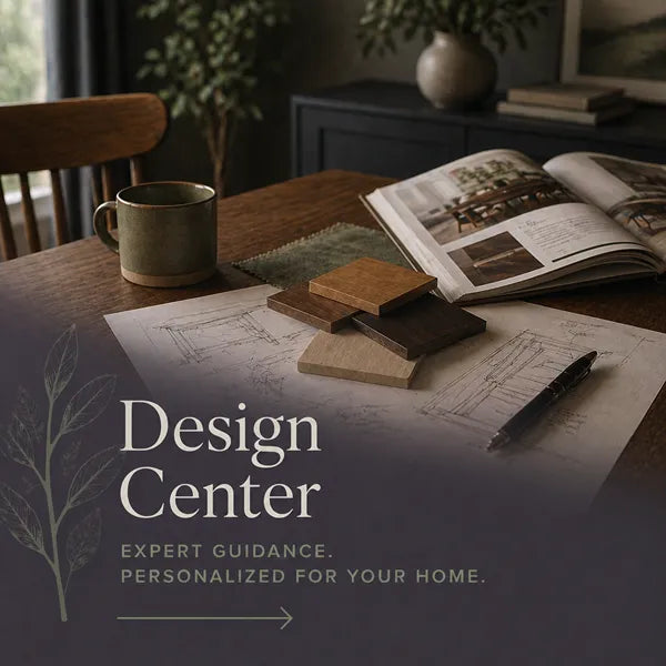 Table with design materials and an open book, featuring 'Design Center' text.