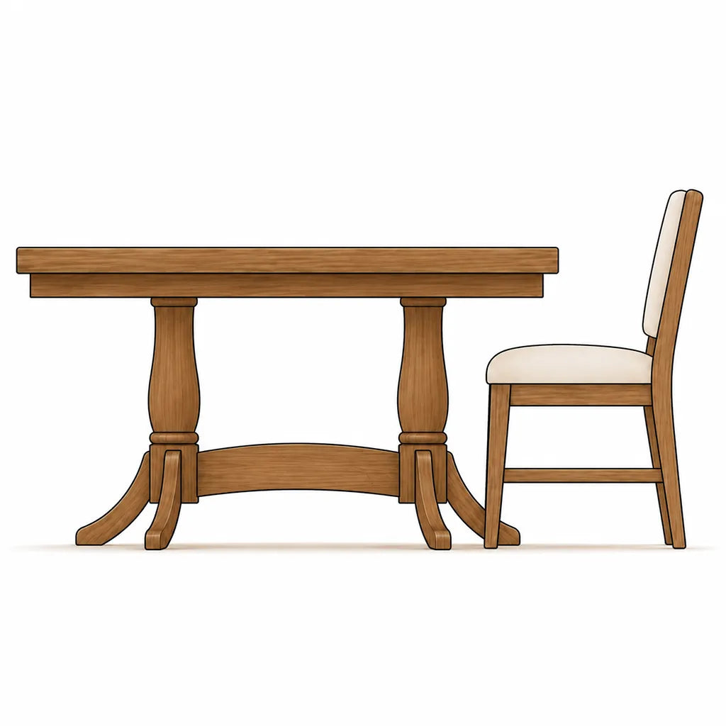 A wooden dining table with turned legs and a matching wooden chair with a cream upholstered seat and back, shown on a plain white background.