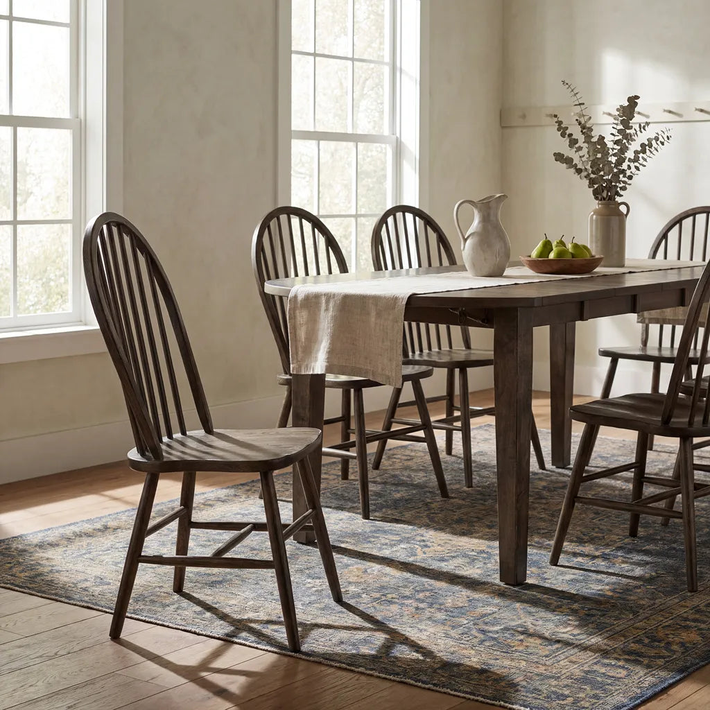 A dark wood dining table with matching spindle-back chairs in a bright, sunlit dining room. The table is set with a beige table runner, a white ceramic pitcher, and a bowl of green apples, all arranged on a blue and beige patterned area rug over a hardwood floor.