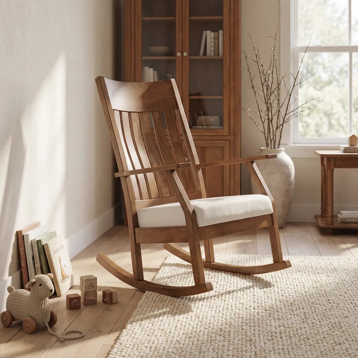A wooden rocking chair with a white cushion sits on a light rug in a sunlit room with a bookcase, window, and small side table.