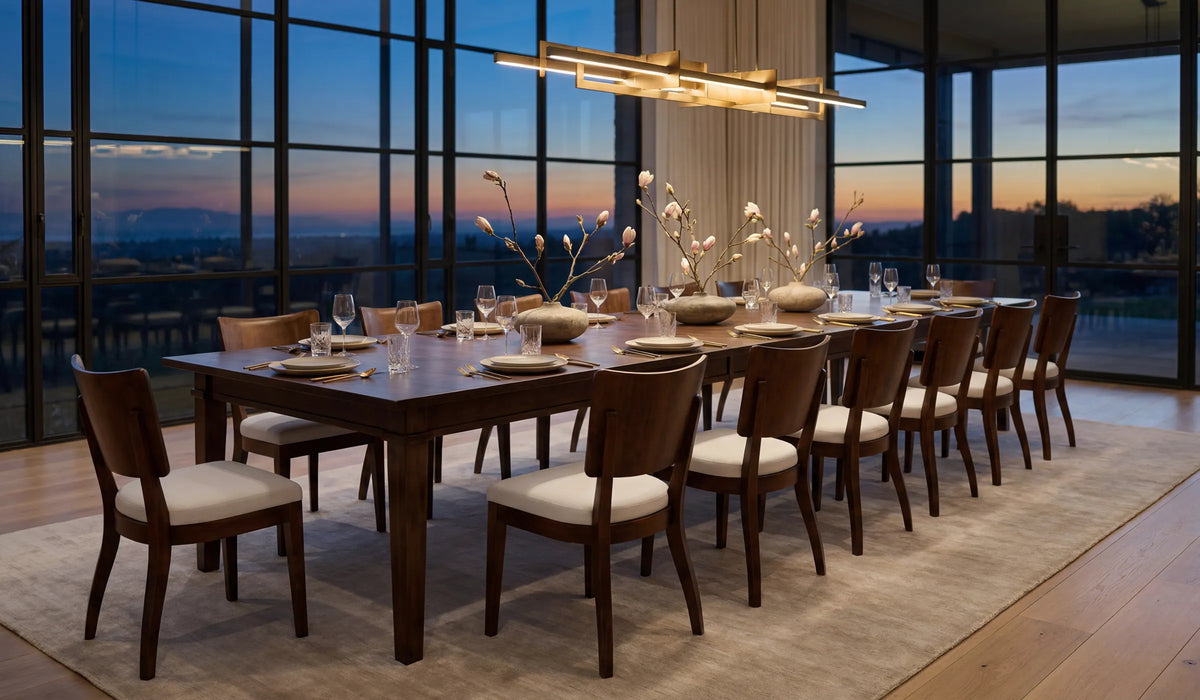 Ethan solid wood leg extension dining table extended to seat large family with upholstered chairs in modern dining room.