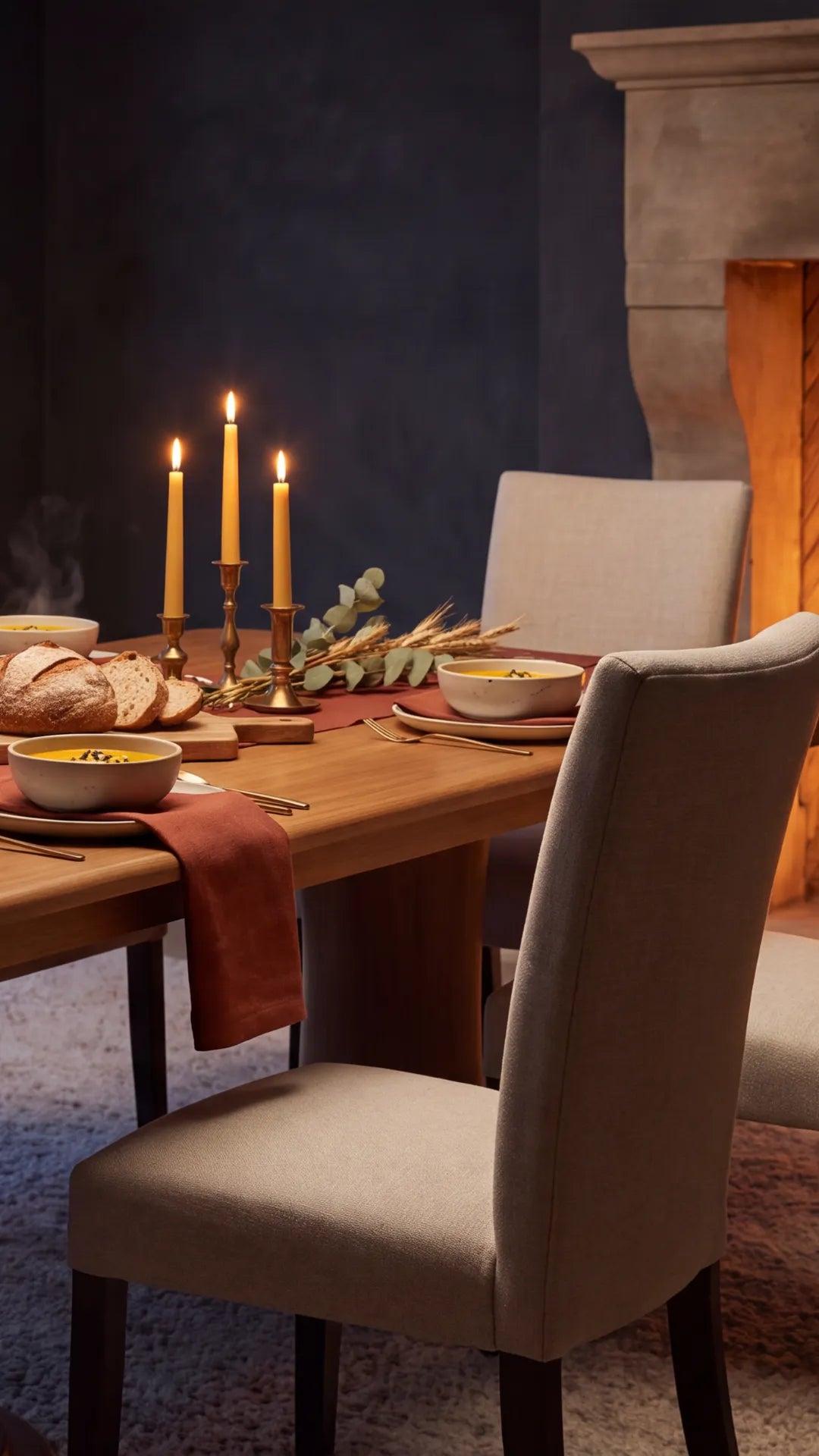 A dining room scene with upholstered dining chairs around a wooden table set for a meal, with lit taper candles, bowls, bread, and a fireplace in the background.