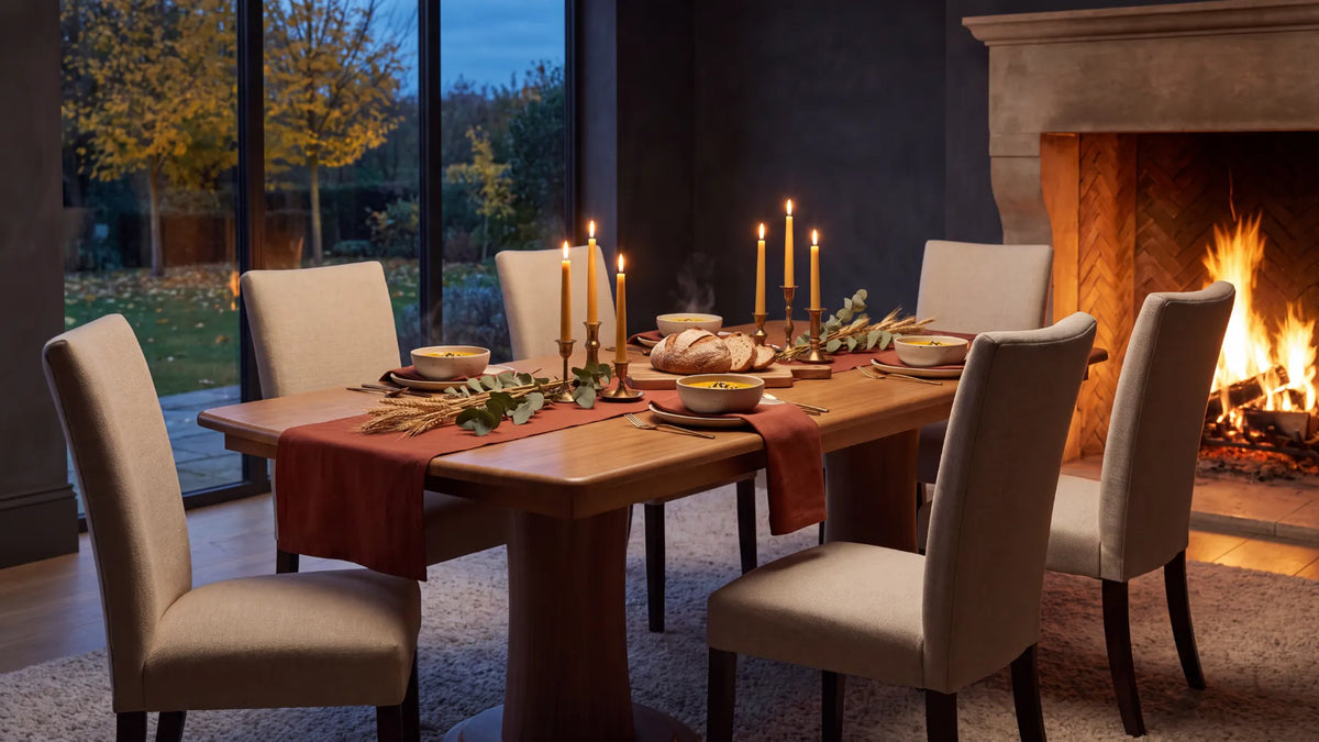 A dining room scene with a wooden dining table set for six, surrounded by upholstered chairs. The table is decorated with candles, a red runner, plates, bowls, and greenery, with a lit fireplace and large windows in the background.