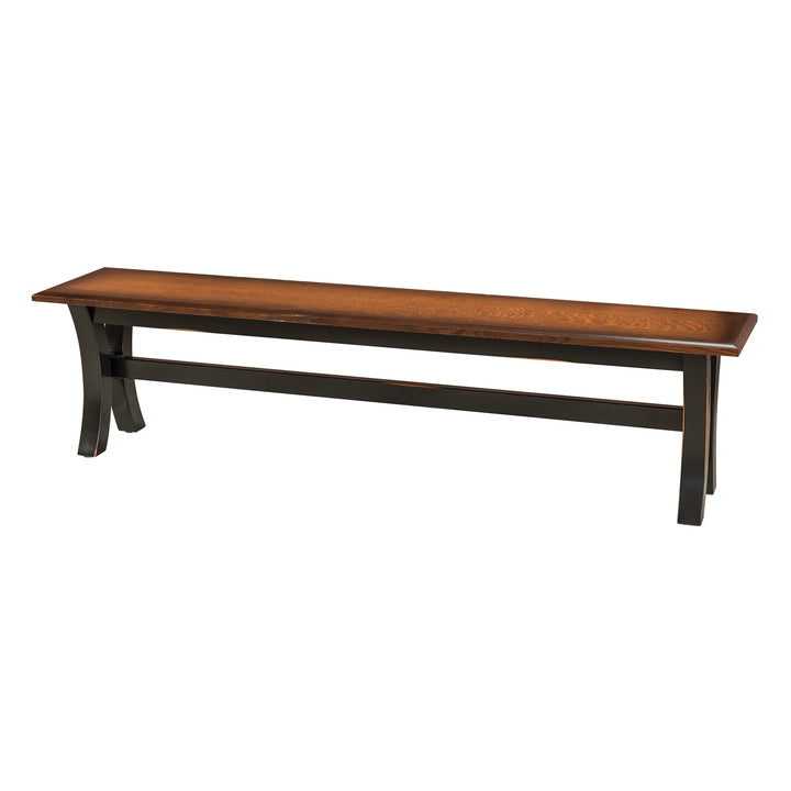 A rustic wooden bench with a medium brown wood seat and a dark brown or black metal frame, shown against a plain white background.