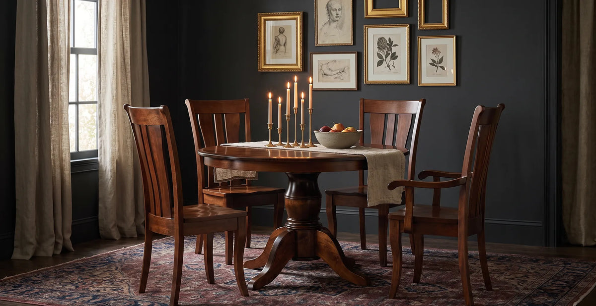 Harrison Round Pedestal Dining Table paired with Fenmore wooden dining chairs in an elegant dining room featuring candlelight, dark walls, vintage artwork, and warm traditional decor.