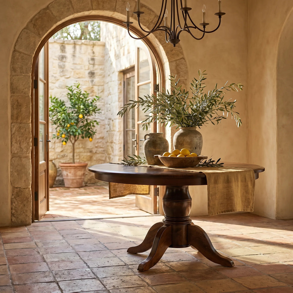 Amish Harrison wooden single pedestal table with a bowl of fruit in a rustic interior setting with open door to patio.