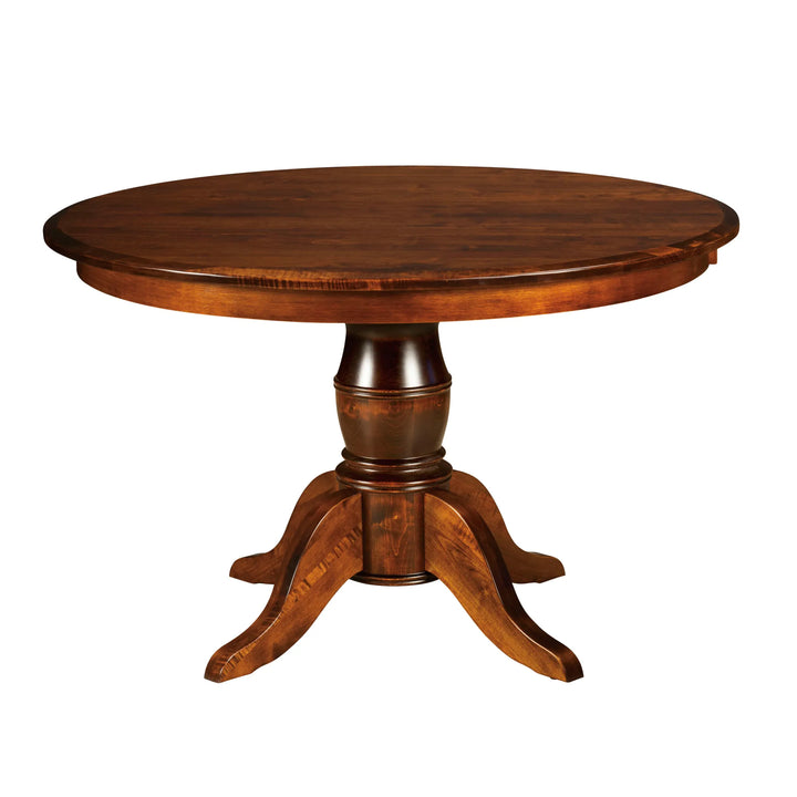 Round amish solid wood table with a single pedestal base on a white background