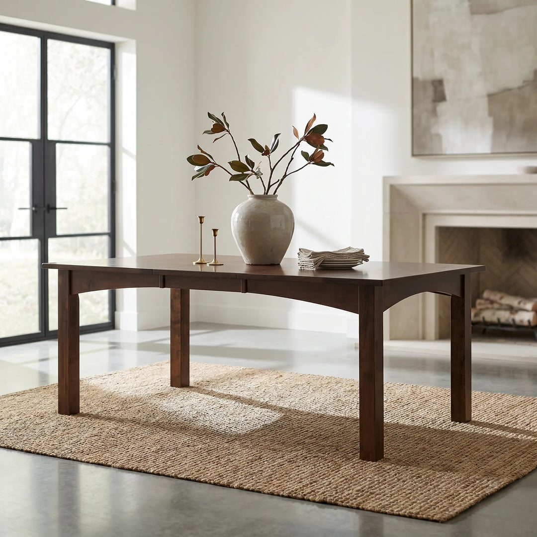 Heidi Leg Wood wood dining table with decorative items in a contemporary living room setting