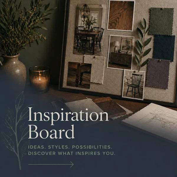 Inspiration board with photos, fabric swatches, and decor elements on a wooden surface.