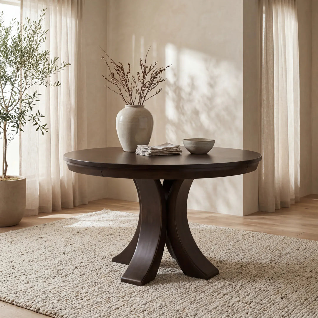 A dark circular table in a well lit modern living room. 