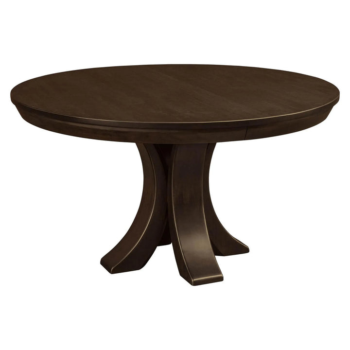 A round dark brown wooden dining table with a pedestal base, shown against a plain white background.