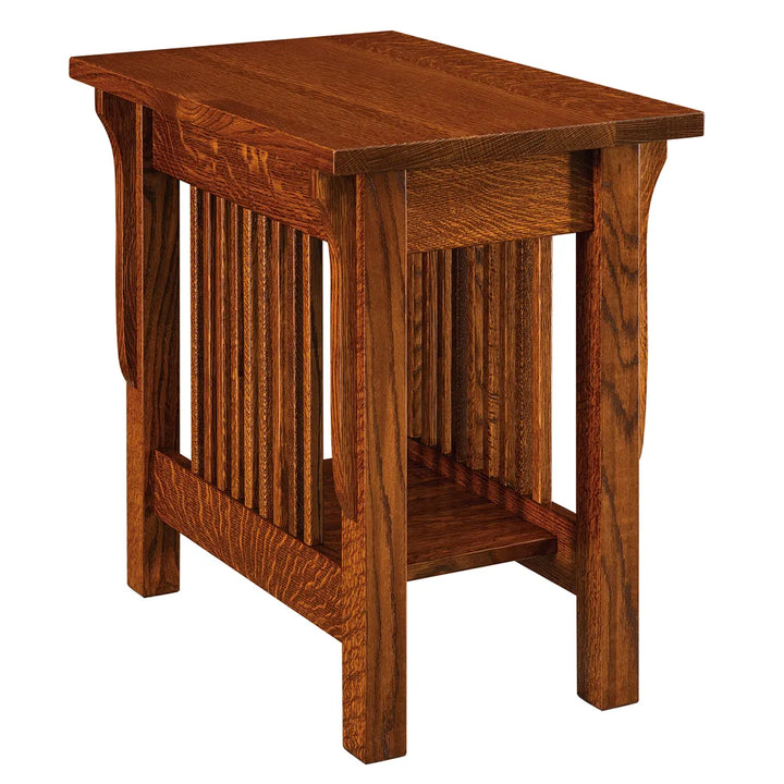 A square wooden end table with a warm reddish-brown finish, featuring a slatted back panel and open lower shelf, shown on a plain white background.