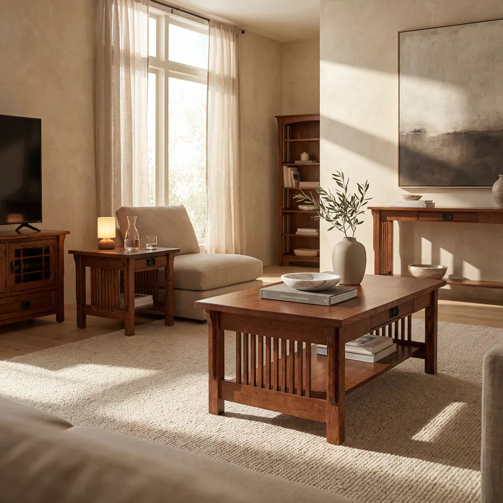 A warm, modern living room featuring a dark brown wooden coffee table with a slatted front, a matching wooden side table, and a beige armchair, all arranged on a textured cream rug.