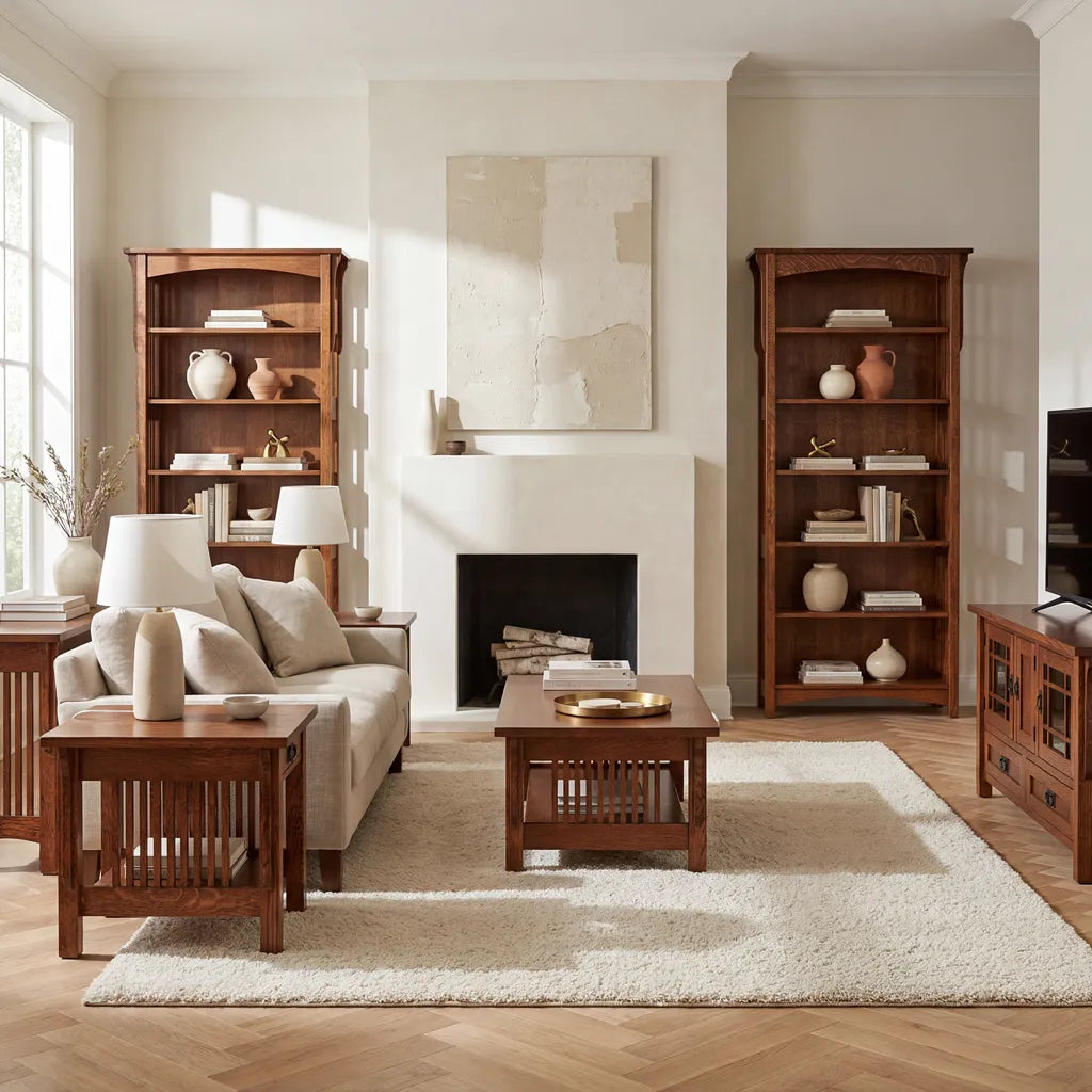 A styled living room featuring a light beige sofa, a matching wooden coffee table and side table, two tall wooden bookshelves, and a large cream shag rug on a herringbone wood floor.