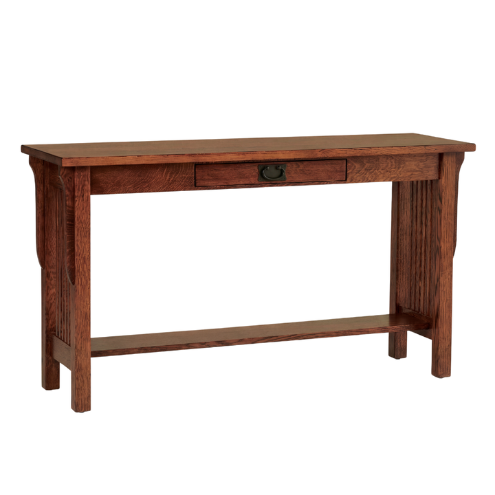A medium brown wooden console table with a single drawer, a dark metal pull handle, and an open lower shelf, shown against a plain white background.