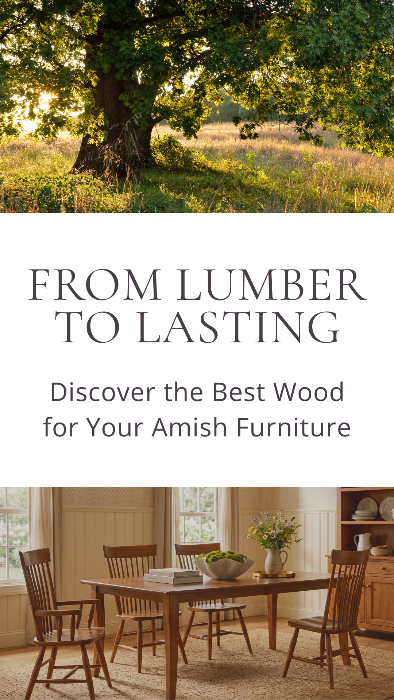 Amish furniture set with a dining table and chairs in a room, featuring text about wood selection for Amish furniture.