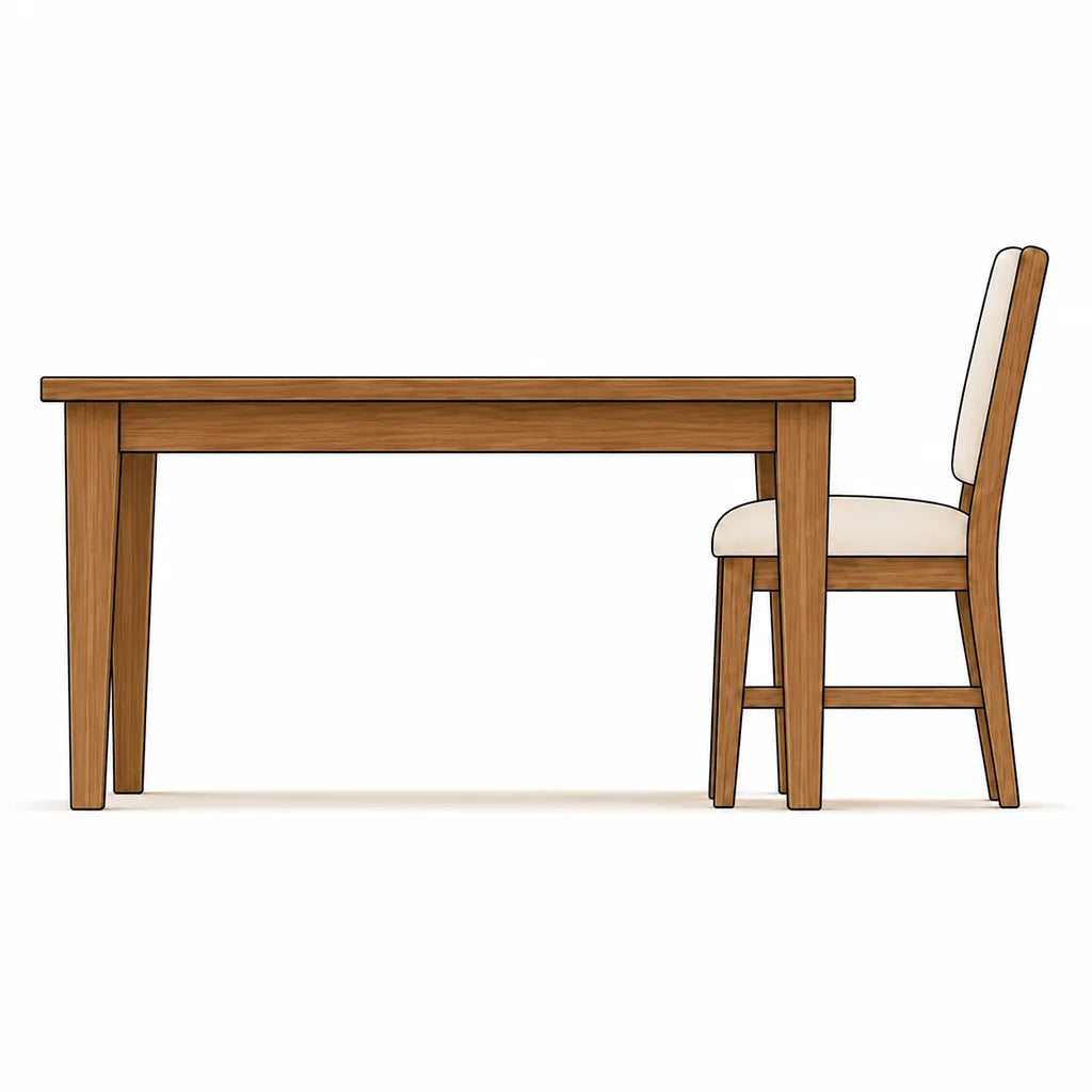 A minimalist line-art illustration of a wooden dining table and a matching chair with cream-colored cushions, set against a solid white background.
