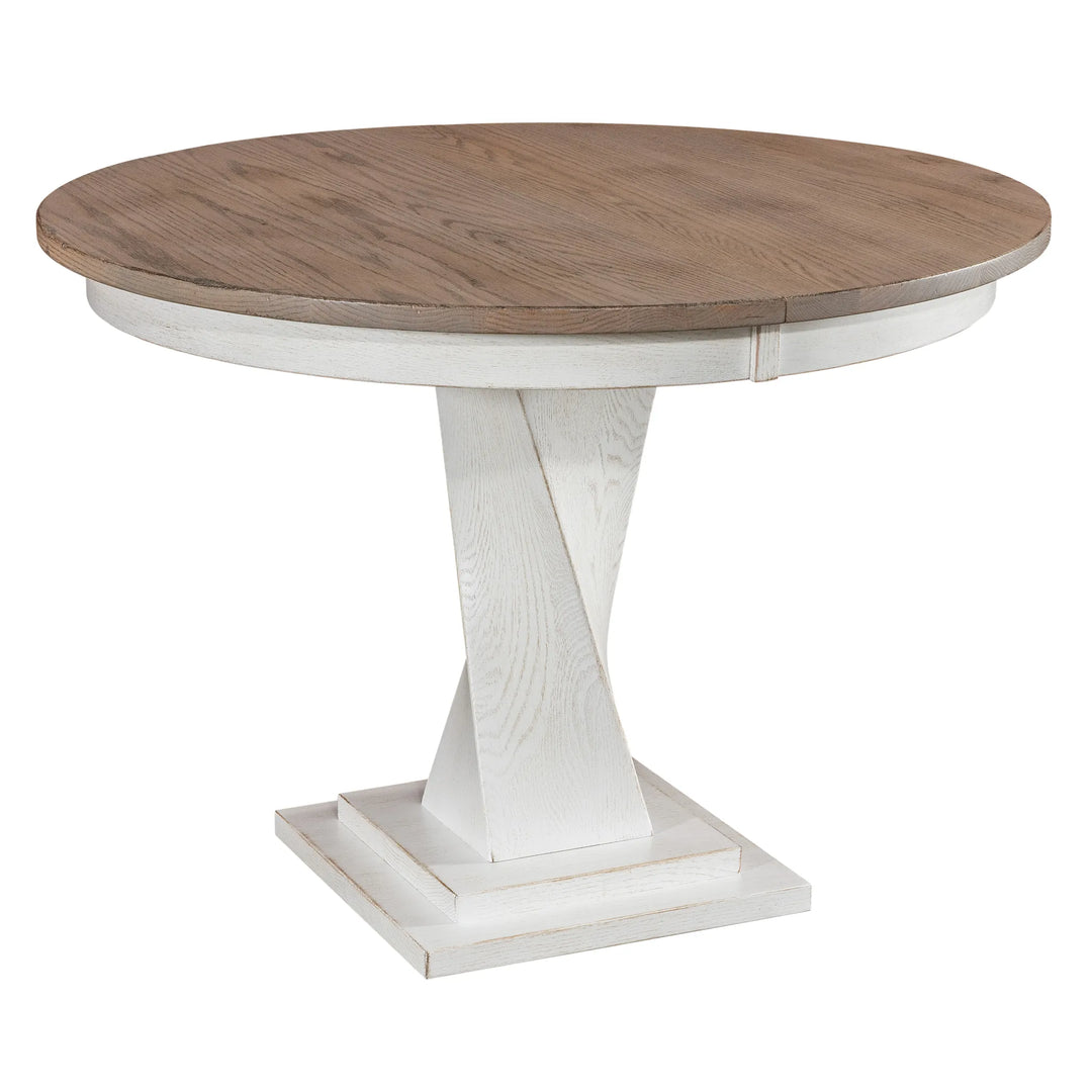 Solid Wood Round dining table with stained top and white base on a white background