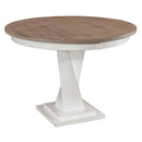 Solid Wood Round dining table with stained top and white base on a white background