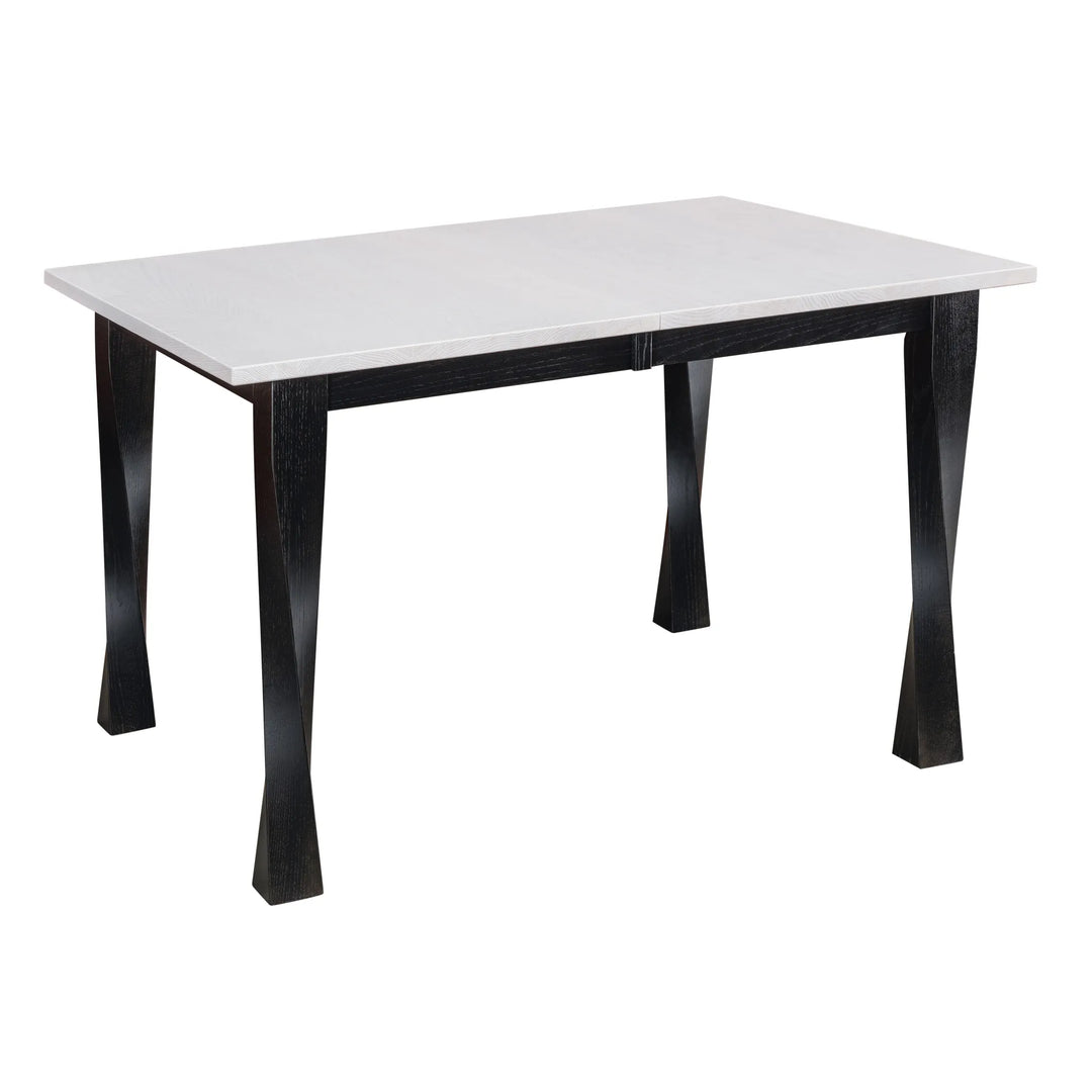 Solid wood table with white top and black legs on a white background