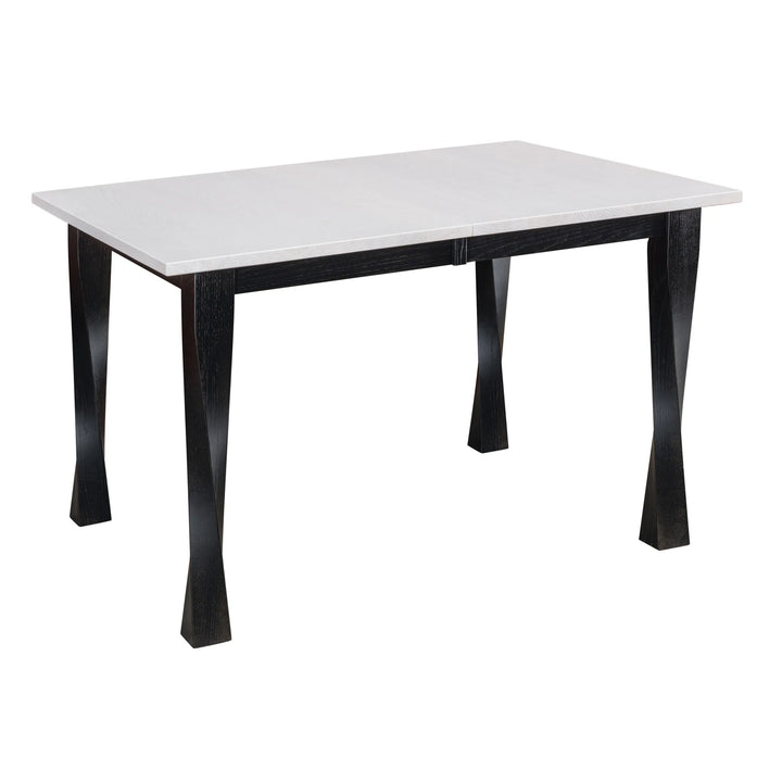 Solid wood table with white top and black legs on a white background