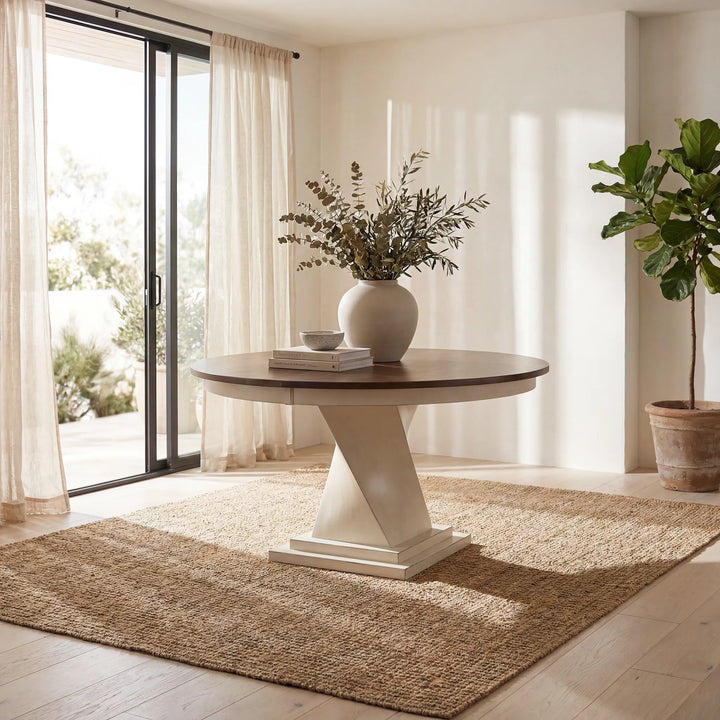 Round solid wood amish table with a white pedestal base in a bright room with large windows.