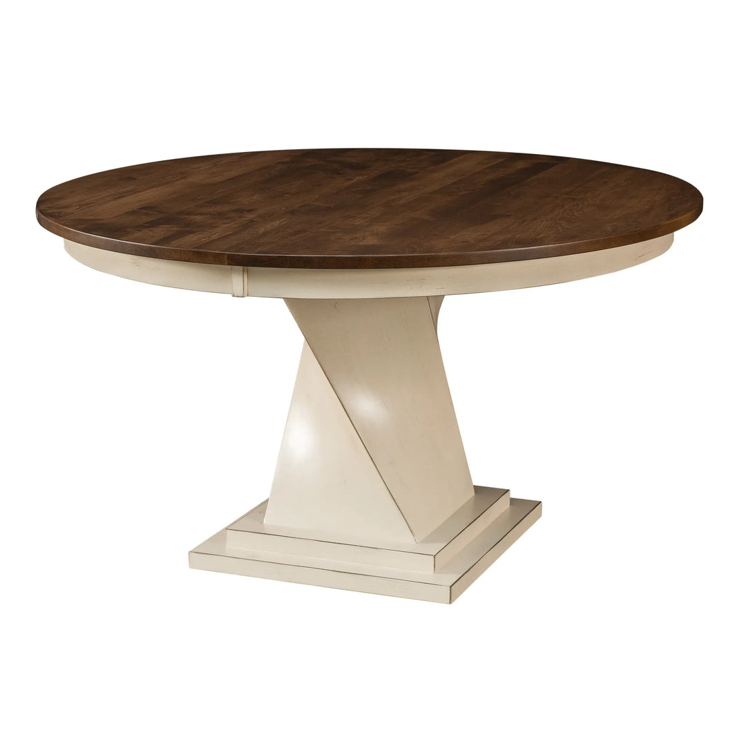 Round solid wood table with a white contemporary twisted pedestal base on a white background