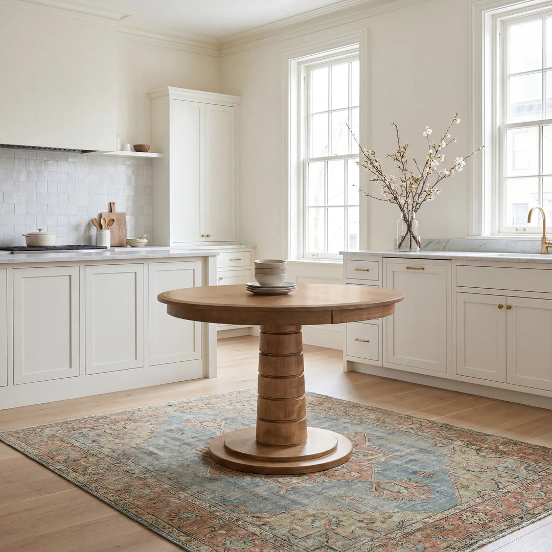 A round wooden pedestal dining table centered on a vintage-style multicolor area rug in a bright, modern kitchen with white cabinetry and large windows.
