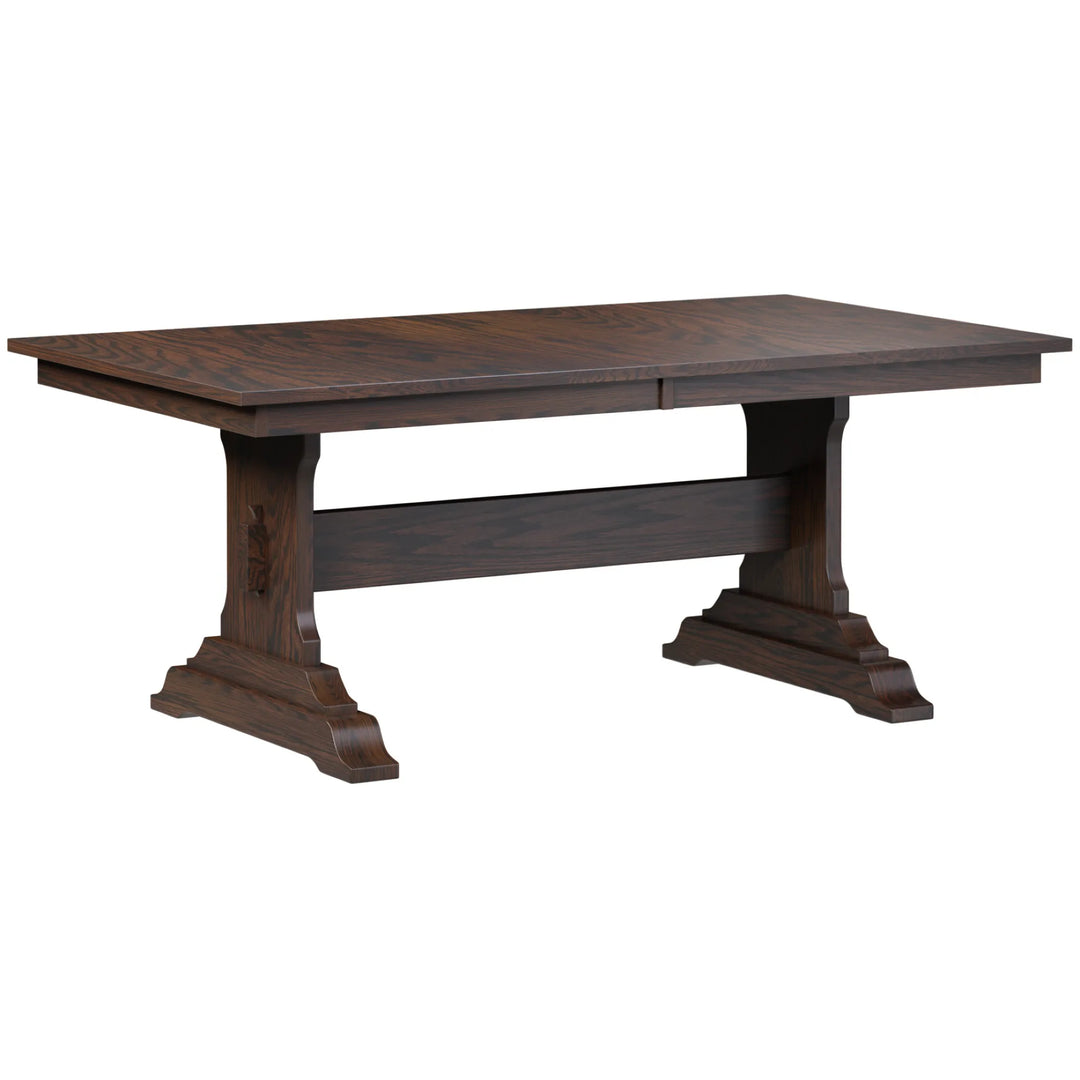 Red Oak trestle table to seat 6 people on a white background