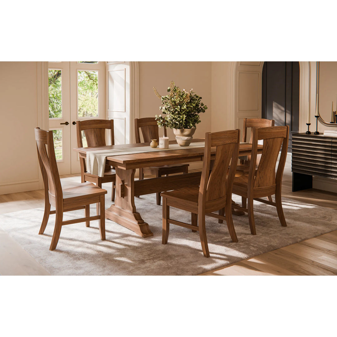 Amish Made Solid Wood Rustic Hickory Mankato Trestle Dining Set in lifestyle setting