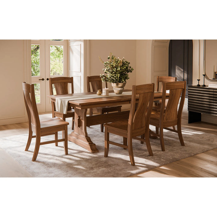 Amish Made Solid Wood Rustic Hickory Mankato Trestle Dining Set in lifestyle setting